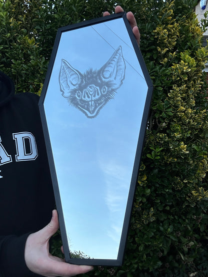 Coffin Mirror with Bat etching