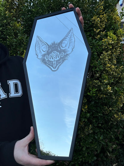 Coffin Mirror with Bat etching