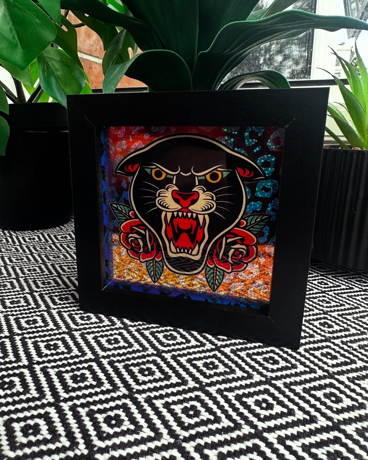 Panther and Roses Traditional Tattoo Framed Art