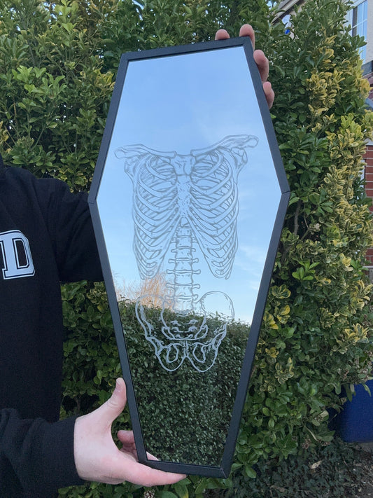 Coffin Mirror with Rib & Torso etched