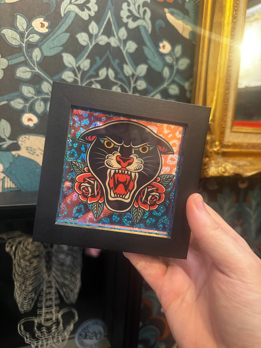 Panther and Roses Traditional Tattoo Framed Art