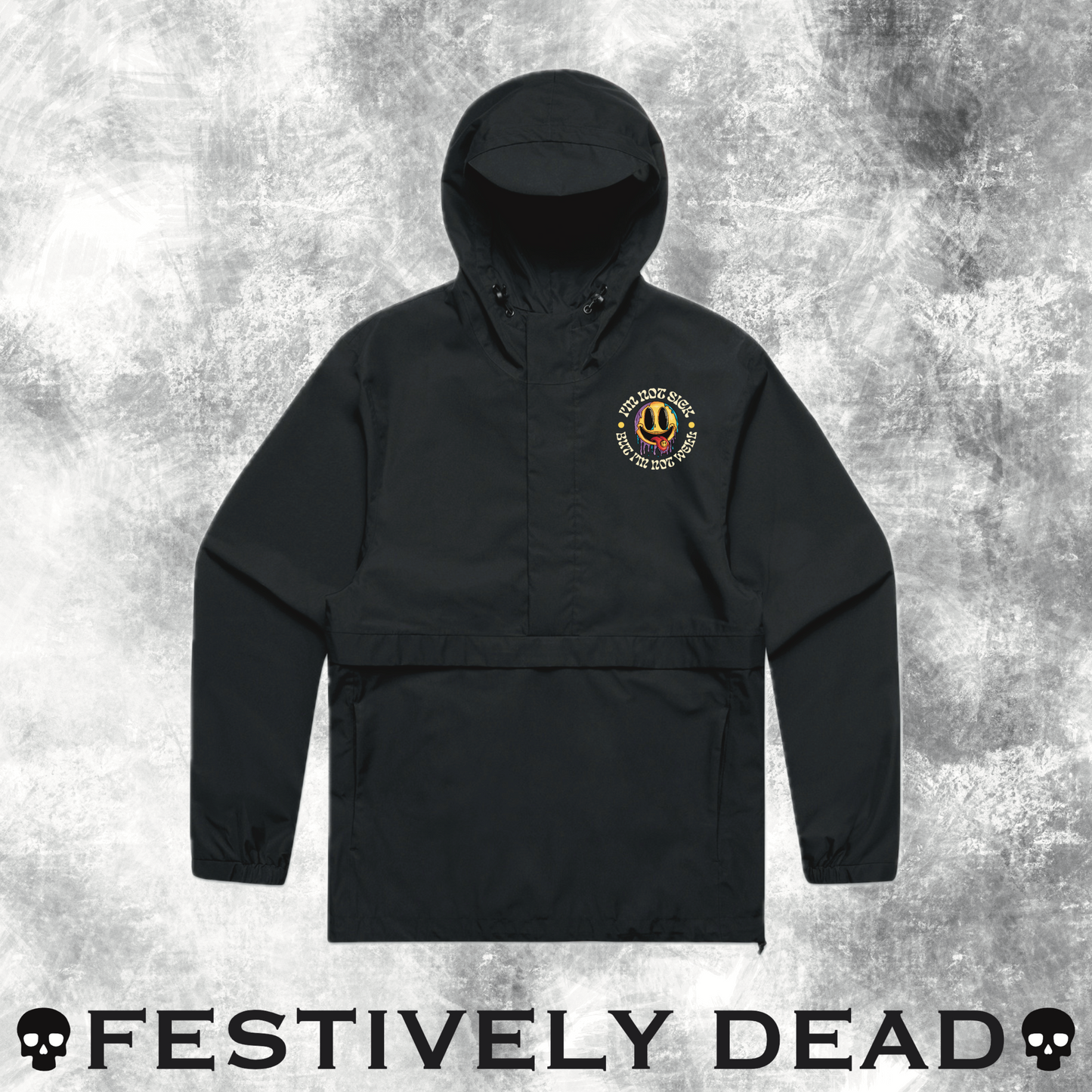 Black hooded windbreaker jacket with a design