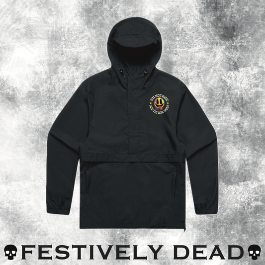 Black hooded windbreaker jacket with a design