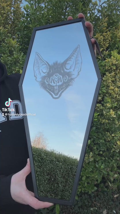 Coffin Mirror with Bat etching