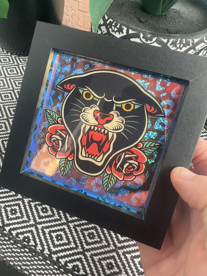 Panther and Roses Traditional Tattoo Framed Art